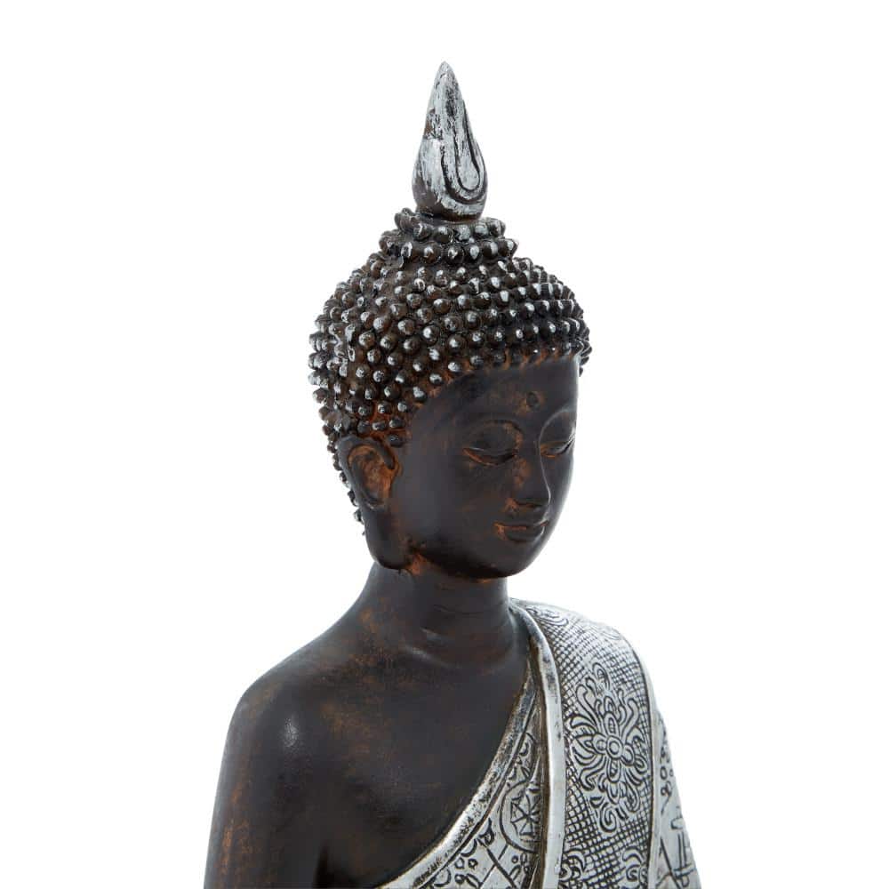 Black and Silver Polystone Meditating Buddha Statue with Engraved Patterns