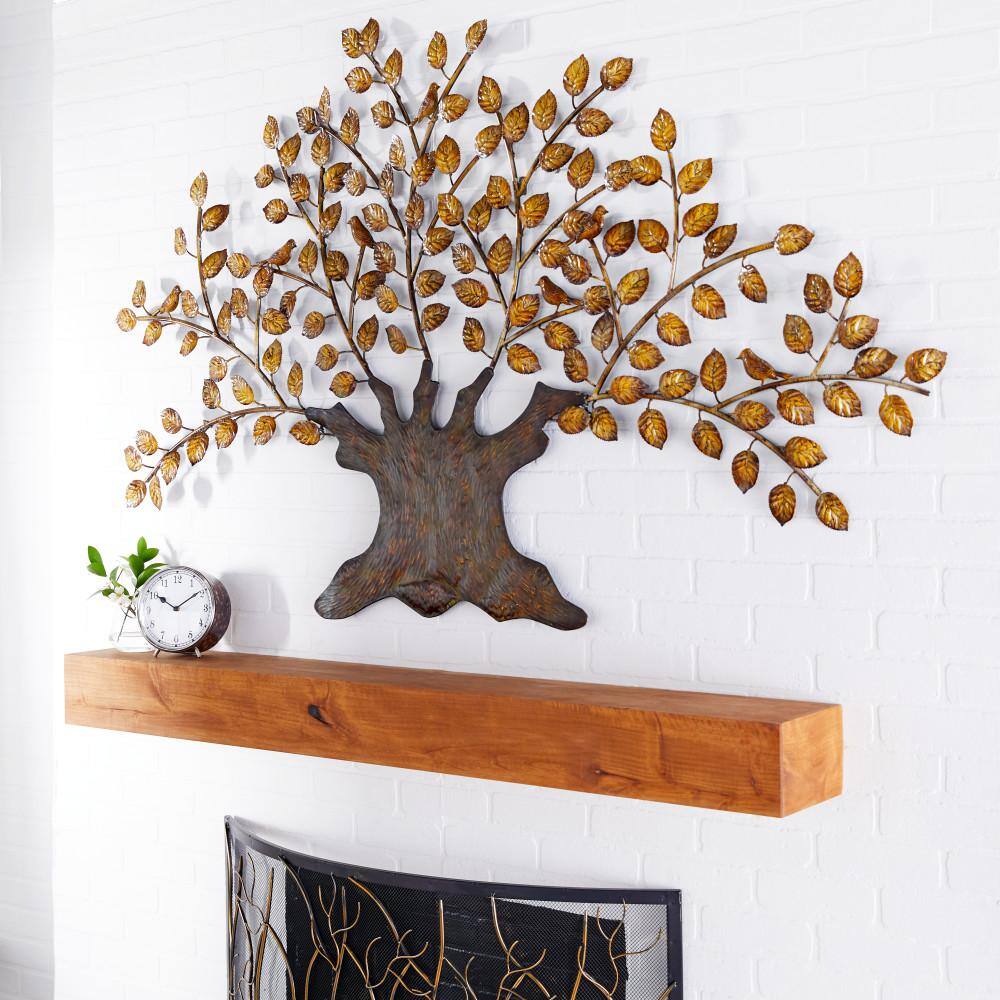 Large Brown and Gold Metal Tree Wall Sculpture with Leaves