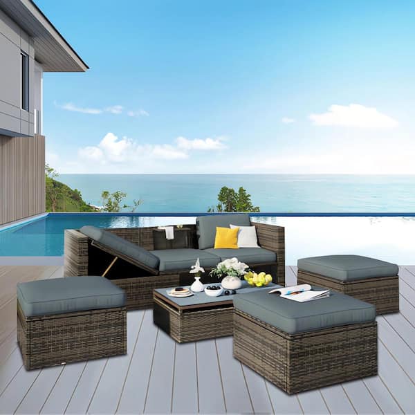 Cesicia 5-Piece PE Rattan Wicker Outdoor Patio Conversation Sectional Sofa with Gray Cushions and Lift Top Coffee Table