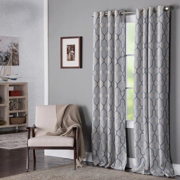 Natco Alain 50 in. W x 63 in. L Ployester and Linen Noise Dampening Window Panel in Blue and Off-White