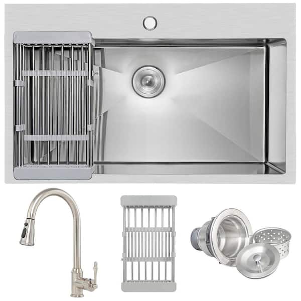 Handmade All-in-One Drop-in Stainless Steel 30 in. x 18 in. 1-Hole Single Bowl Kitchen Sink with Pull-Down Faucet