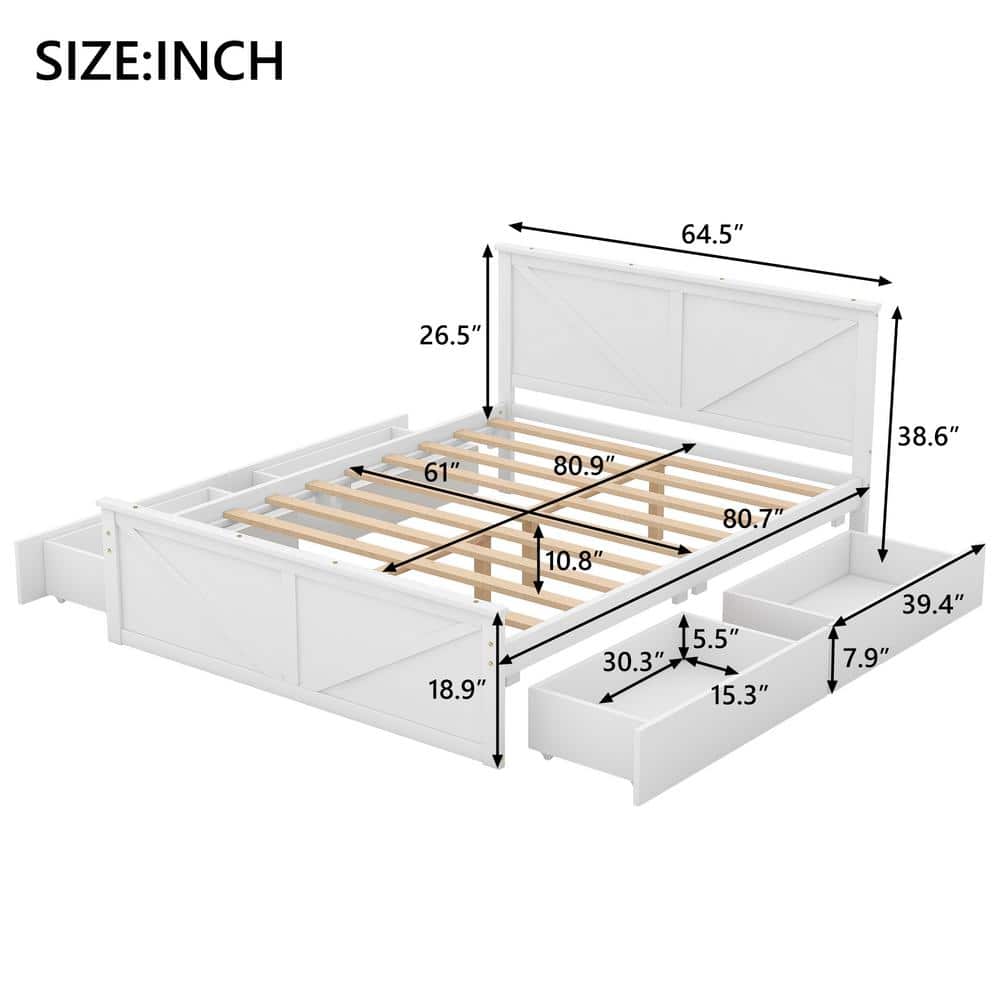 Queen Size White Pine Platform Bed with Storage Drawers