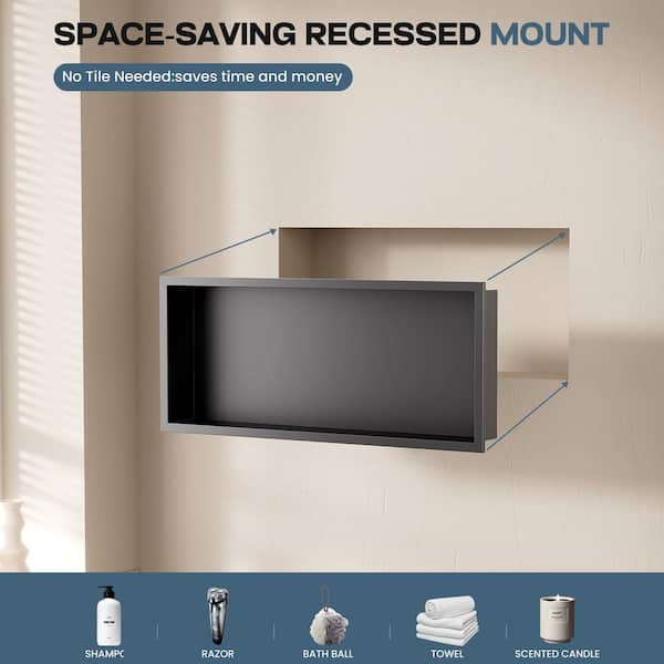 30 in. W x 12 in. H x 4 in. D Waterproof Recessed Shower Niche Space-Saving Storage Shelf in Matte Black, No Tile Needed