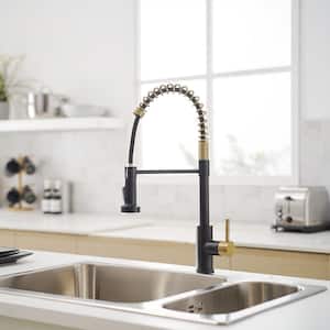 Stainless Steel Single Handle Pull Down Sprayer Kitchen Faucet with Water Supply Hoses in Matte Black with Brushed Gold