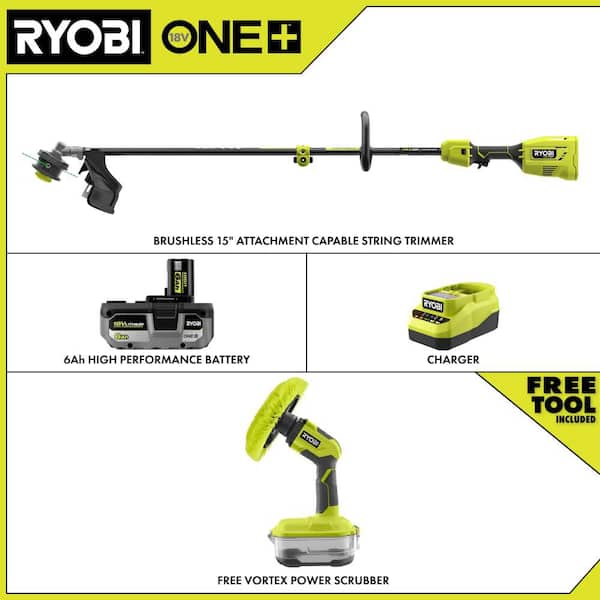 ONE+ HP 18V Brushless 15" Attachment Capable String Trimmer w/ 6.0 Ah Battery, Charger, & FREE ONE+ 18V Power Scrubber