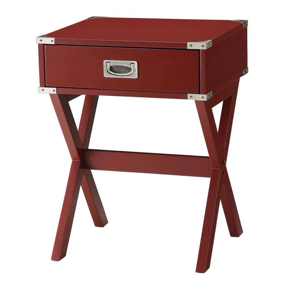 Red Square Wooden End Table with Metal Accents and Storage