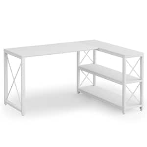 Halseey 53.15 in. W L-Shaped White Computer Desk Writing Studying Reading Desk 2-Tier Storage Shelves