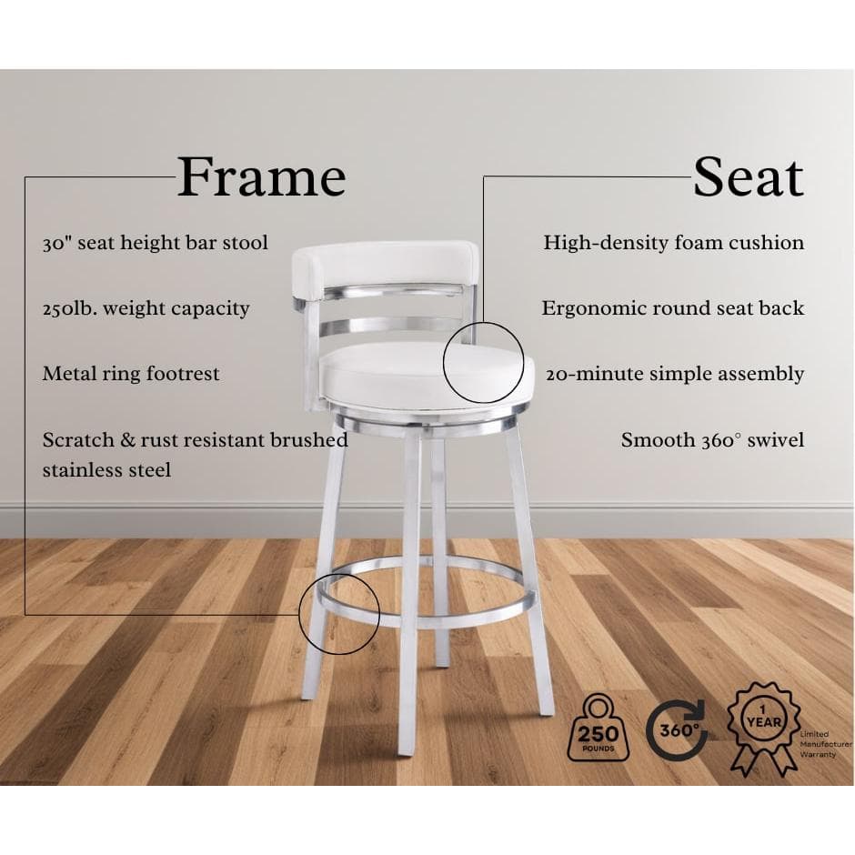 Madrid 30" White Faux Leather Swivel Bar Stool with Brushed Metal Frame