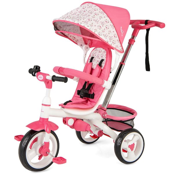 Baby Tricycle Stroller 6-in-1 Kids Push Trike w/ Removable 5-Position Canopy Pink