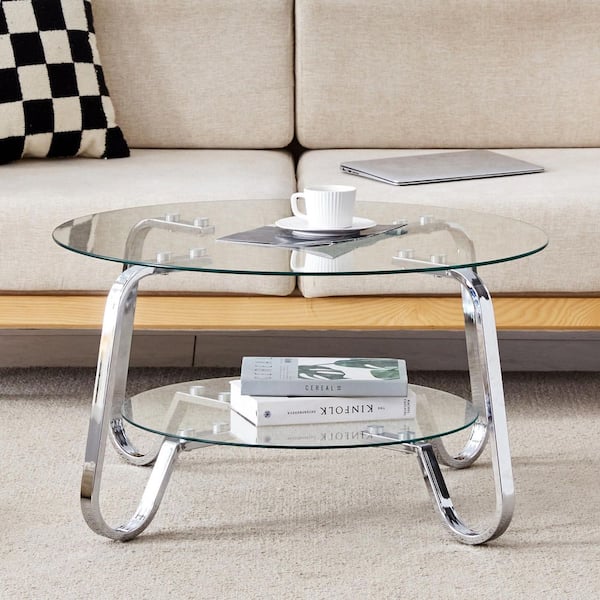 31.5 in. Round Clear Tempered Glass Coffee Table-Double Storage Space and Silver Metal Legs for Living Room