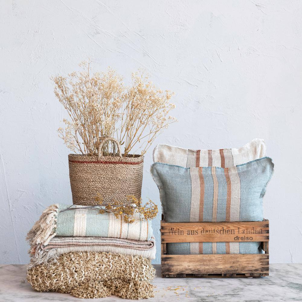 Tan Cotton Chunky Knit Throw Blanket with Tassels