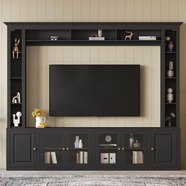 Black TV Stand Fits TV's up to 80 to 92 in. with Bookshelves, Tempered Glass Door and Adjustable Shelves