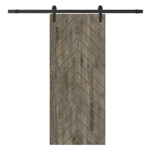 Herringbone 24 in. x 80 in. Fully Assembled Weather Gray Stained Wood Modern Sliding Barn Door with Hardware Kit