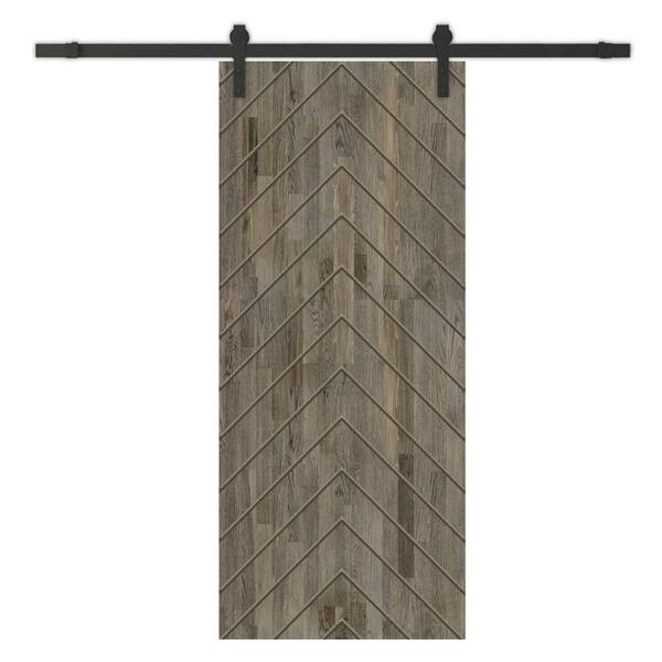 CALHOME Herringbone 24 in. x 80 in. Fully Assembled Weather Gray Stained Wood Modern Sliding Barn Door with Hardware Kit
