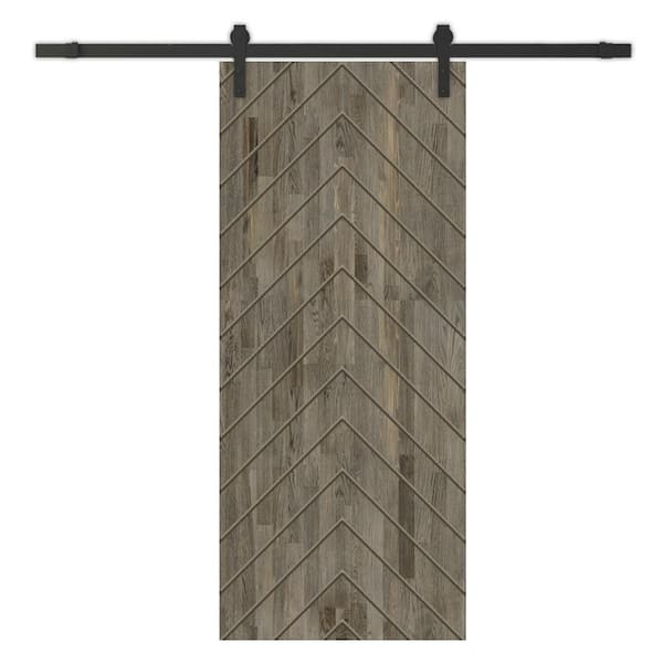 CALHOME Herringbone 36 in. x 96 in. Fully Assembled Weather Gray Stained Wood Modern Sliding Barn Door with Hardware Kit