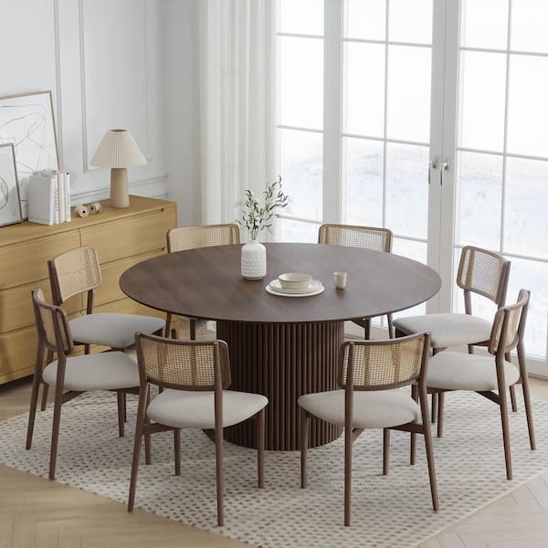 Cylindrical Walnut Colored Wood 60 in. Column Base Under Beveled Cut Edge Dining Table for 8