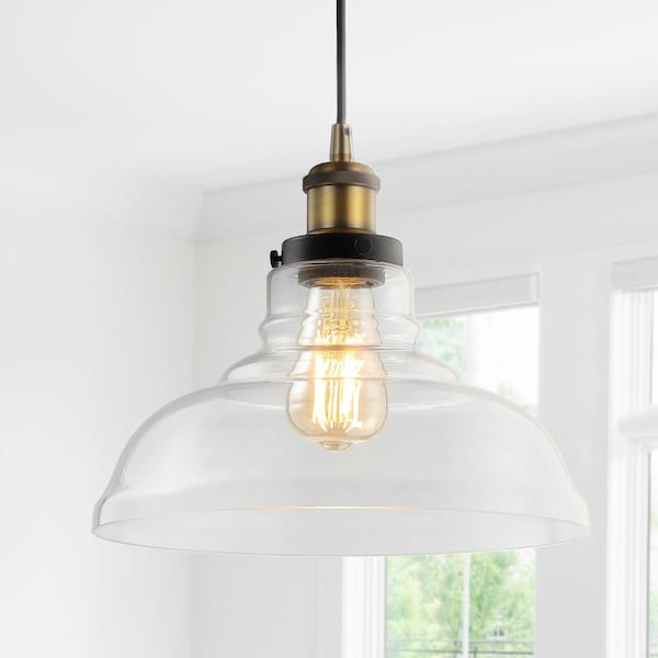 JONATHAN Y Litchfield 11 in. 1-Light Brass Gold Farmhouse Metal/Glass LED Pendant