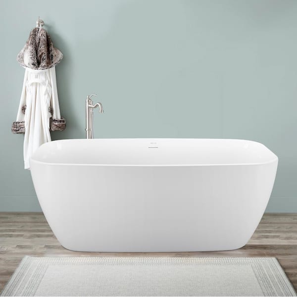 MYCASS 59 in. x 28.74 in. Acrylic Flatbottom Freestanding Soaking Bathtub with Center Drain and Overflow in Glossy White