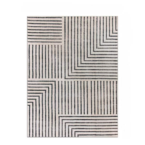 Distressed Bohemian Stripes Washable Non Slip Beige 3 ft. x 5 ft. Area Rug