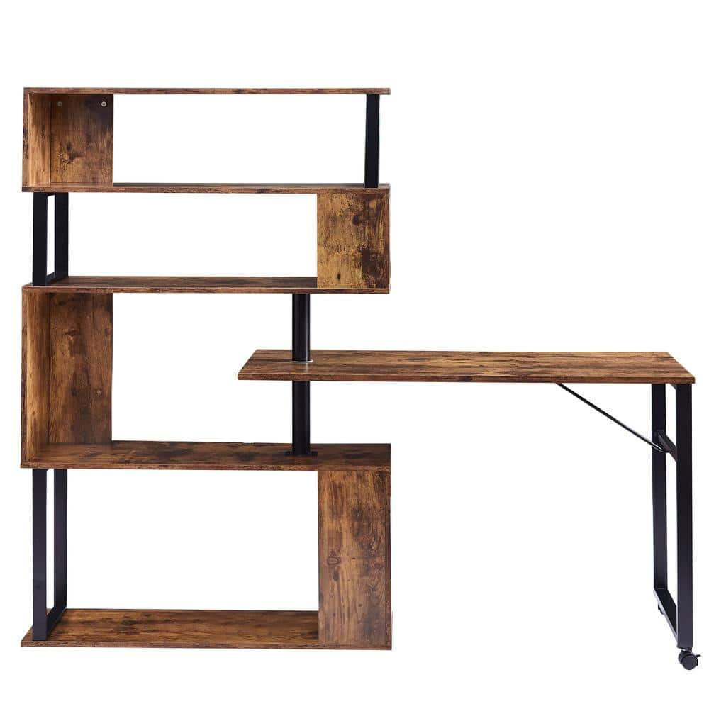 70.8 in. Brown Rotating Computer Desk L-Shaped Corner Table with 5-Tier Boo