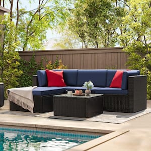 5-Piece Wicker Outdoor Small Patio Conversation Set with Blue Cushions, Red Pillows