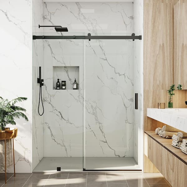 Mcocod 56 605 In W X 76 In H Single Sliding Frameless Soft Close Shower Door In Matte Black 8840