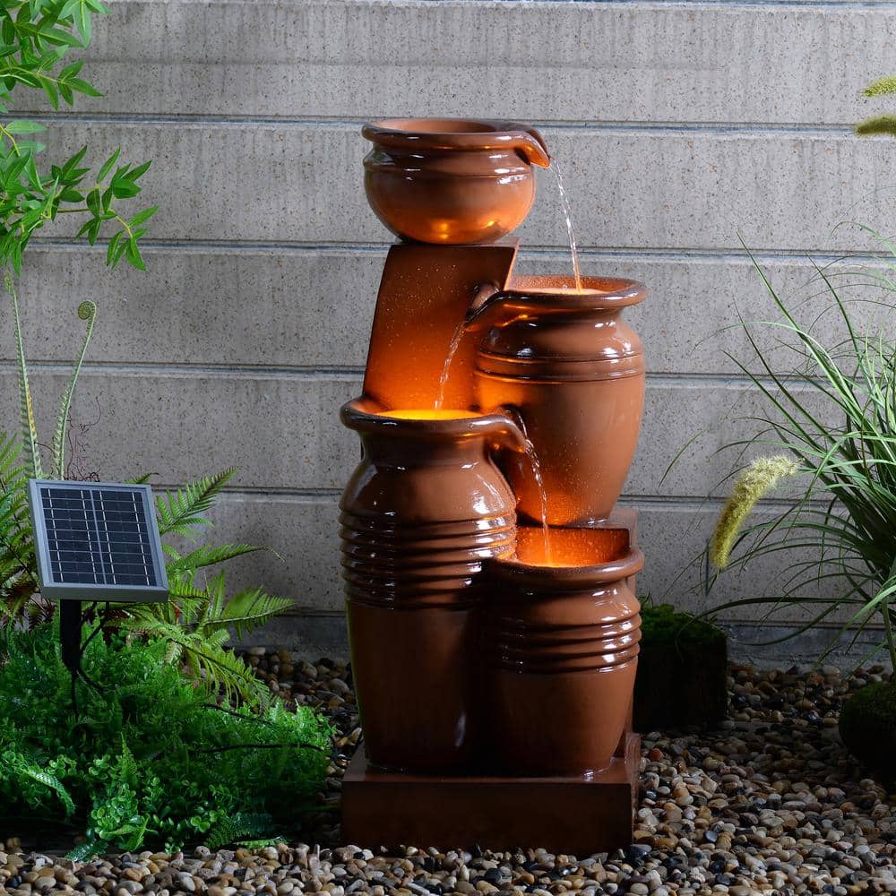 Terracotta Solar Powered 4-Tier Cascading Bowl Outdoor Fountain