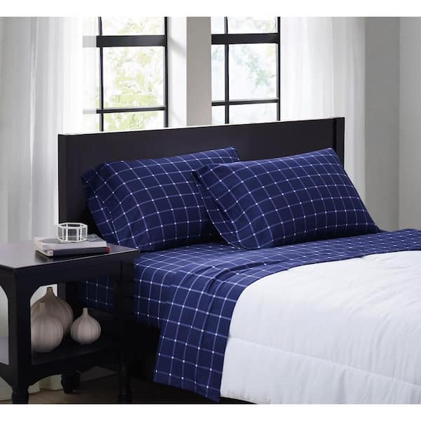 Truly Soft Tattersall 4-Piece Navy/White Microfiber Queen Sheet Set