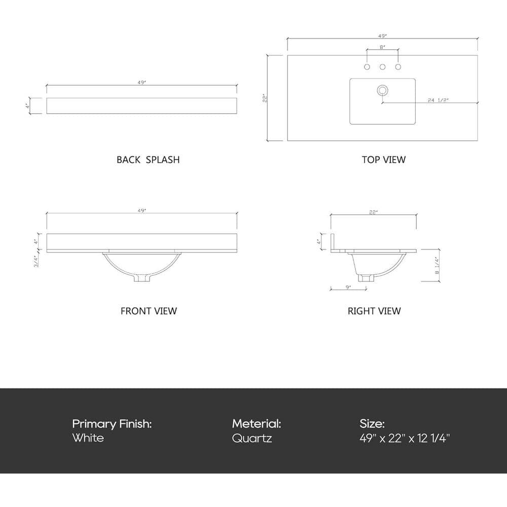 Bianco Bella 49'' White Quartz Undermount Single Sink Vanity Top