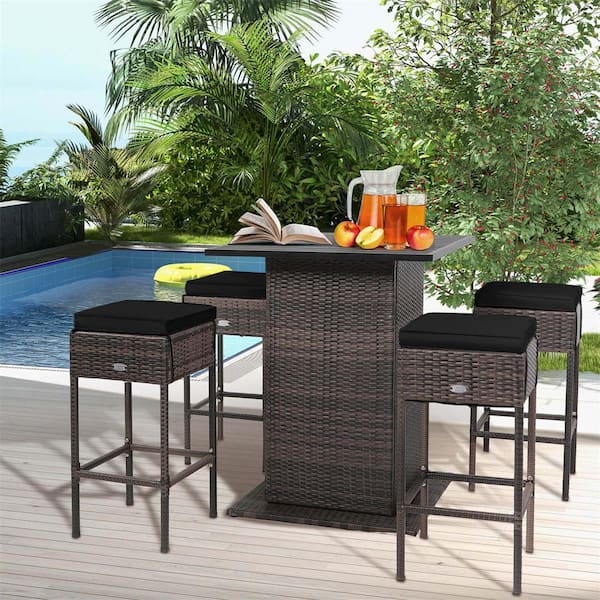 Costway Patio Plastic Wicker Outdoor Bar Stool Set with Black Cushions Hidden Storage Shelf