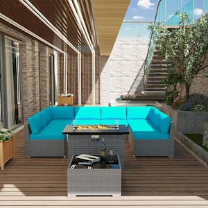 10-Piece Wicker Outdoor Patio Sectional Conversation Set with Turquoise Cushions and Fire Pit Table