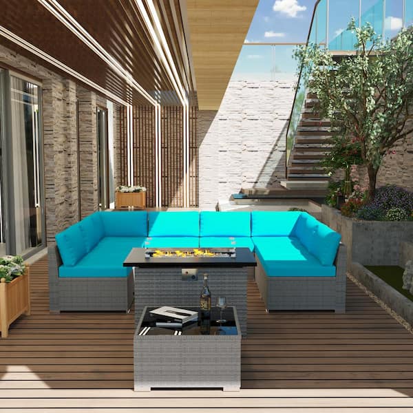 Gardenbee 10-Piece Wicker Outdoor Patio Sectional Conversation Set with Turquoise Cushions and Fire Pit Table