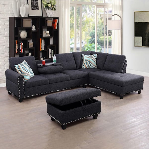 J&E Home 97 in. Round Arm Linen Modern L-Shaped 4-Seater Sofa With Ottoman in Drak Gray