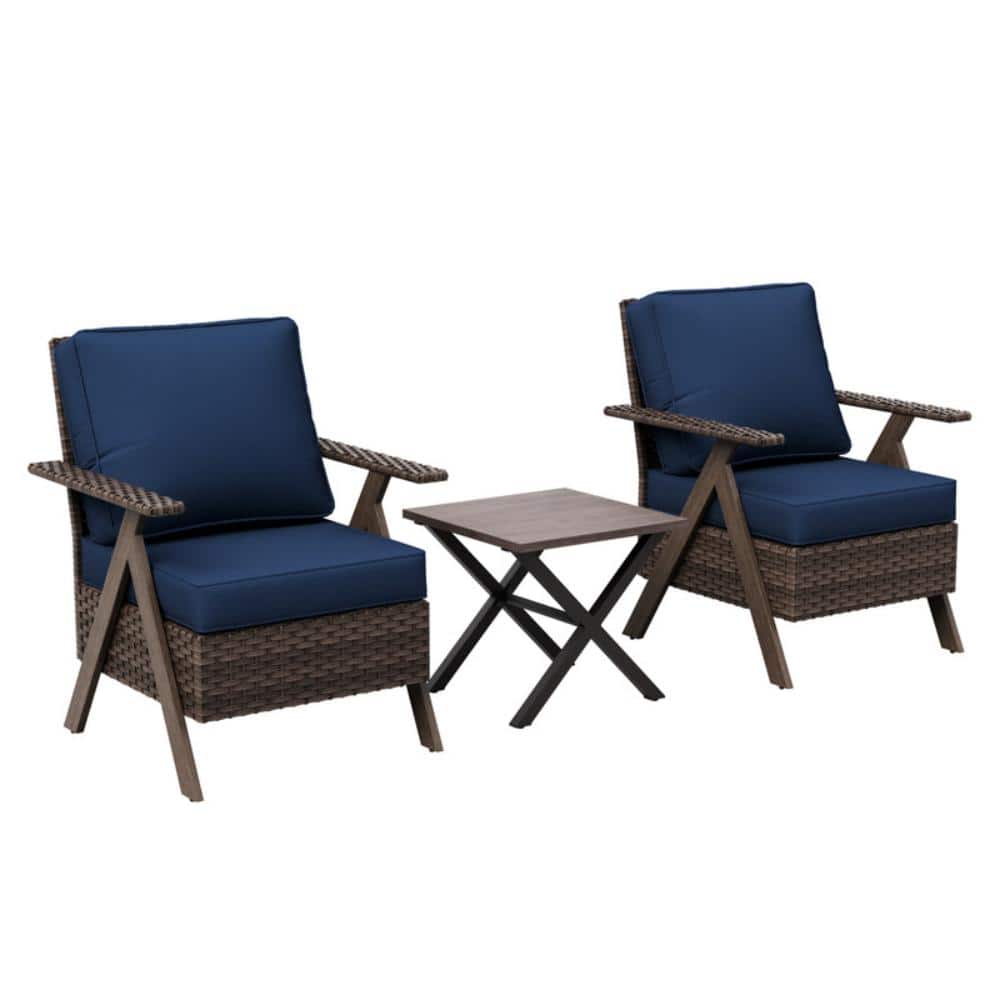 Outdoor Wicker Conversation Set, 2 Lounge Chairs with Blue Cushions & Side Table – Patio Bistro 3-Piece price history on PriceWatchPro