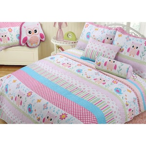 Spring Time Fun Birds Owl Floral Heart Dot 2-Piece Multi-Color Pink Blue Green Stripe Polyester Twin Quilt Bedding Set