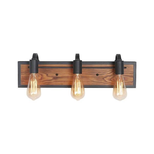 LNC Modern Industrial Matte Black Bathroom Pipe Vanity Light Rustic 3-Light Wall Sconce with Rectangle Solid Wood Backplate
