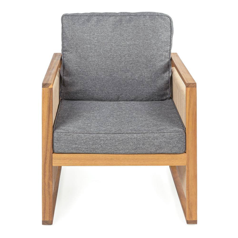 Teak Brown Mid-Century Modern Roped Wood Patio Chairs with Cushions
