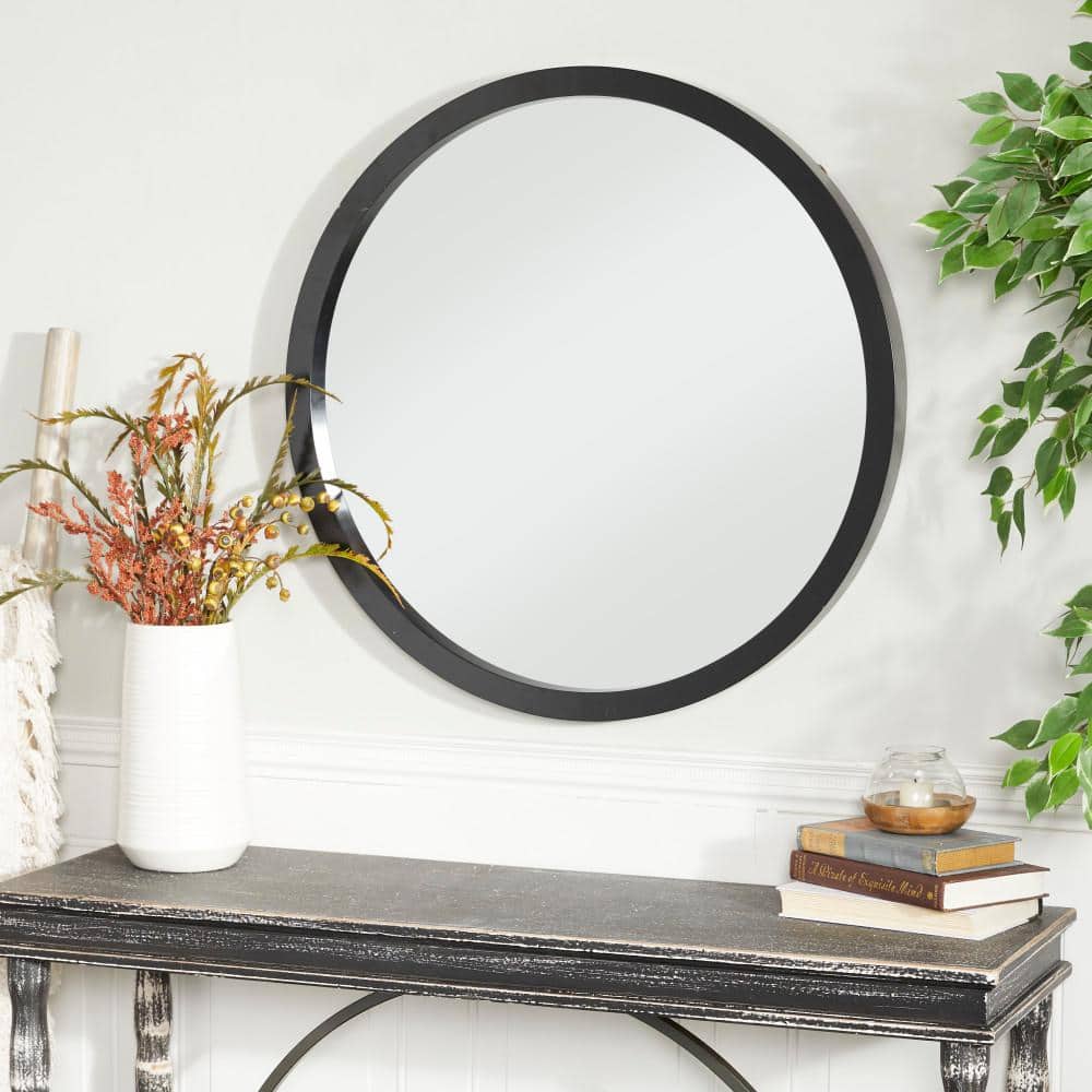 30" Modern Round Wall Mirror with Sleek Wooden Frame