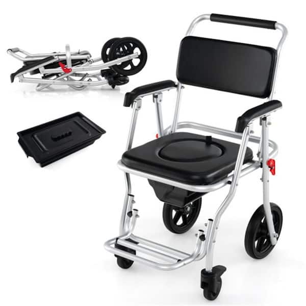 4-in-1 Commode Wheelchair, Bedside/Shower/Raised Toilet Seat, 10 in. Wheels, Foldable, Anti-Rust Aluminum for Elderly