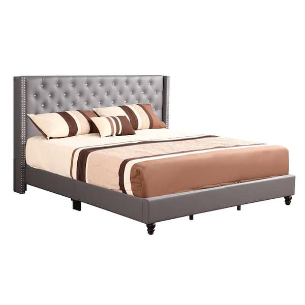 AndMakers Julie Light Grey Tufted Upholstered Low Profile Full Panel Bed