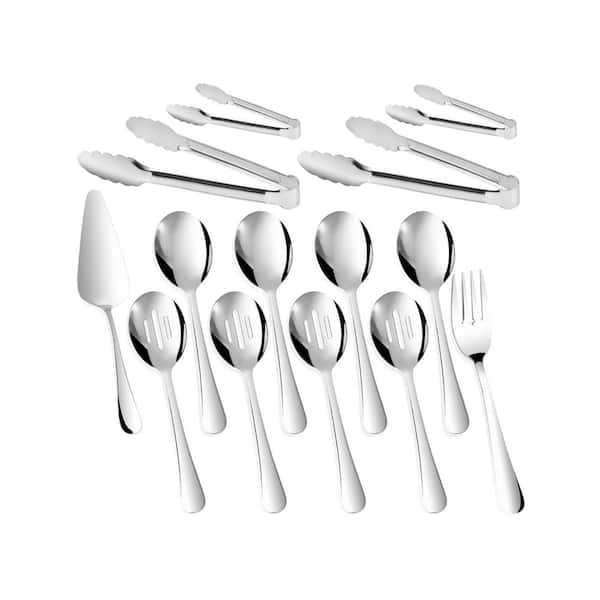 Silver Serving Utensils Set 14 Piece Stainless Steel Buffet Party Hostess Slotted Spoon Fork Tongs Server