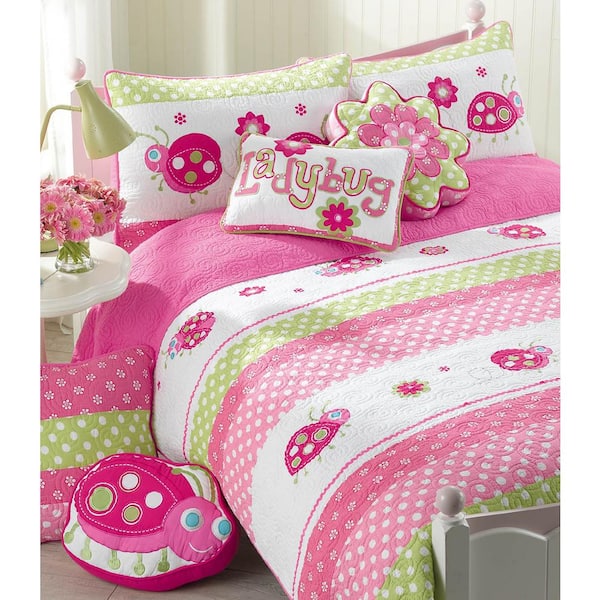 Cozy Line Home Fashions Polka Dot Floral Embroidered Lady Bug Stripe 2-Piece Pink Green White Cotton Twin Quilt Bedding Set