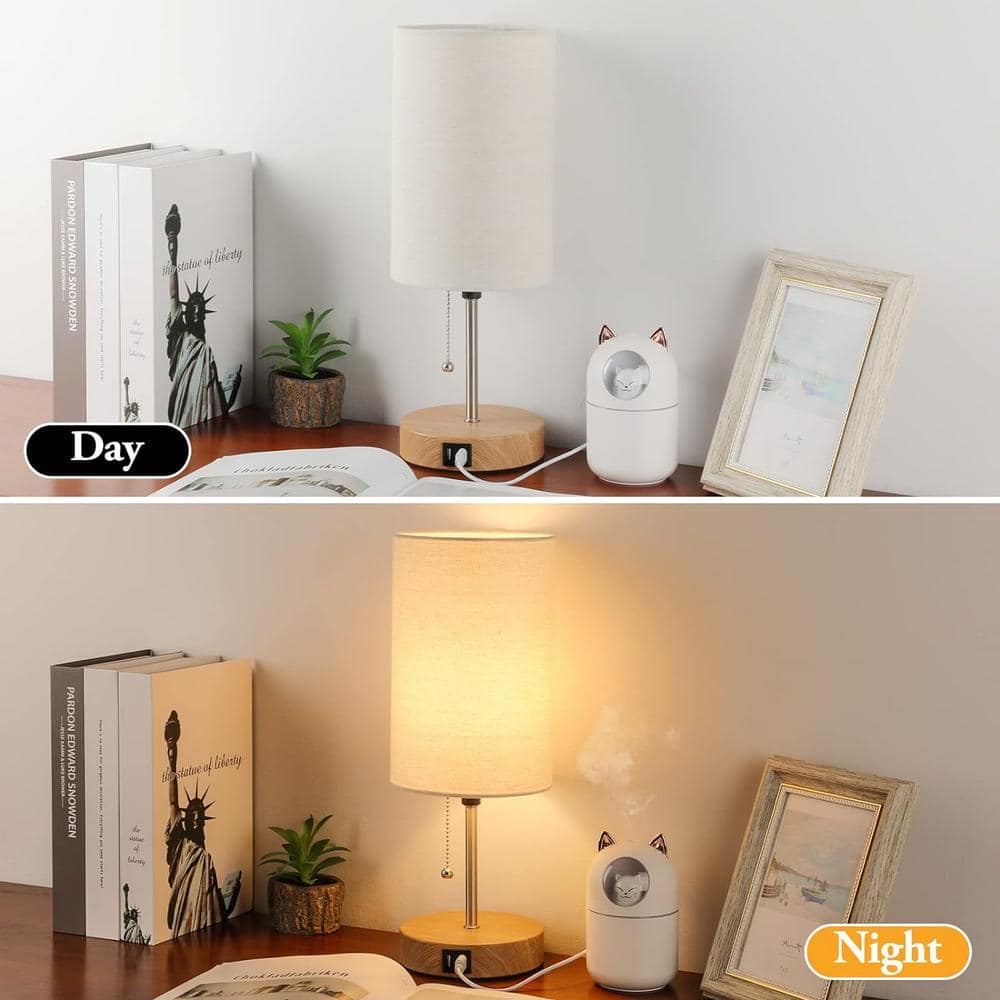 Set of 2 Beige Linen Cylinder Bedside Lamps with USB Ports
