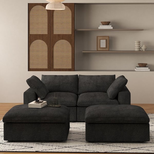 Magic Home 78.72 in. Square Arm 4-Piece Linen L-Shaped Sectional Sofa Cloud Couch in Black with Ottoman