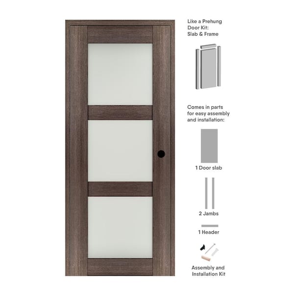 Belldinni Vona 3-Lite 24 in. x 96 in. Left-Hand Frosted Glass Veralinga Oak Composite Solid Core Wood Single Prehung Interior Door