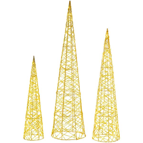 LED Lighted Twinkle Outdoor Christmas Cone Trees-39.5in.-Gold-Set of 3