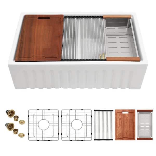 33 in. Reversible Farmhouse Sink Double Bowl 50/50 Low Divide White Fireclay Kitchen Sink with Gold Drain Assembly