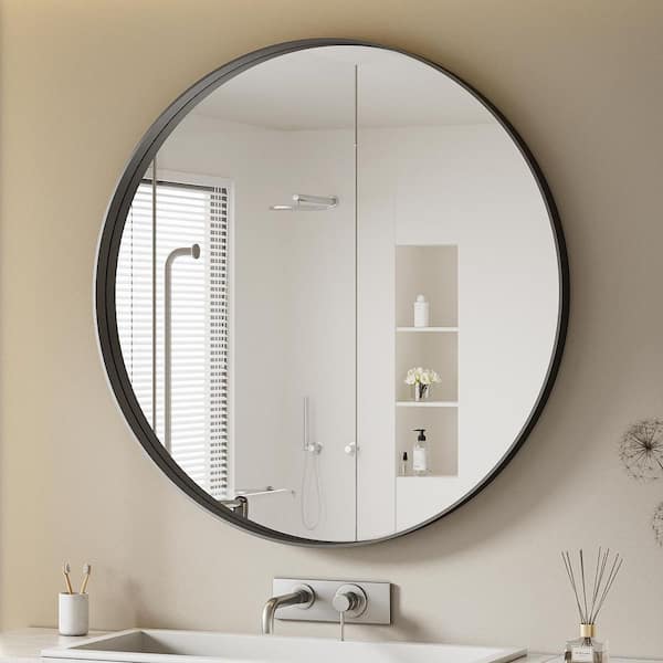 BLACK 24 in. W x 24 in. H Contemporary Round Aluminum Alloy Framed Vanity Wall Mirror