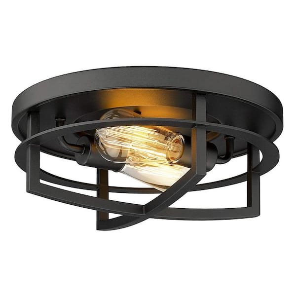 JAZAVA 13 in. 2-Light Black Flush Mount with Metal Shade