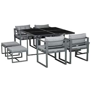 Grey 9-Piece Metal Outdoor Dining Set with Grey Cushions